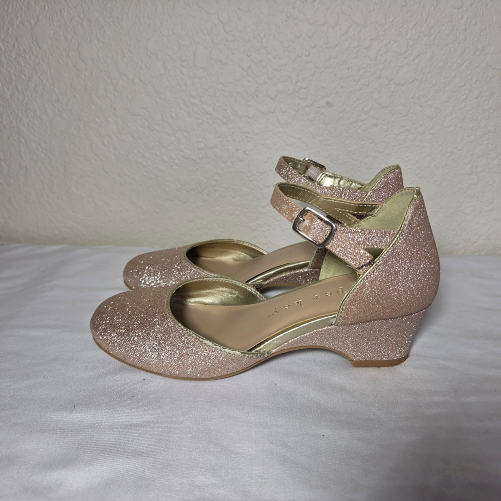 Copper Key Girls Rose Gold Glitter Low Wedge Ankle Strap Dress Shoes Size 2
